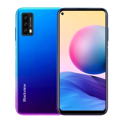 Smartphone Blackview azul-roxo com câmara tripla e ecrã com câmara frontal no canto