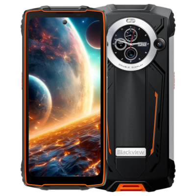 Smartphone robusto Blackview preto com detalhes laranja e ecrã com imagem de planetas