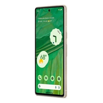 Smartphone bege com ecrã verde mostrando dados de calendário e clima