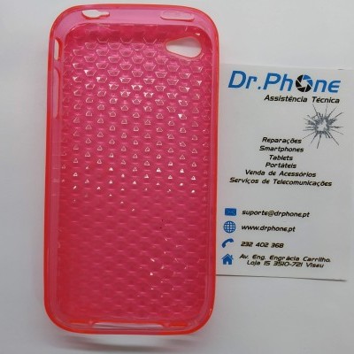 Capa de telemóvel rosa translúcida com padrão de bolhas ao lado de cartão de visita Dr.Phone