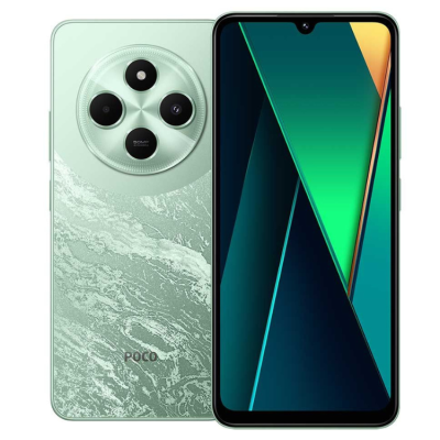Smartphone POCO verde clara com três câmaras e ecrã com notch