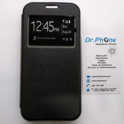 Capa preta para smartphone com janela transparente e cartão de visita da empresa Dr. Phone