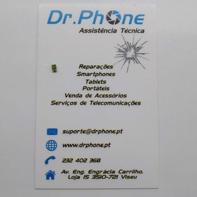 Cartão de visita branco com texto azul e preto da Dr.Phone Assistência Técnica