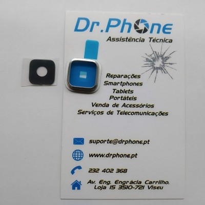 Cartão de visita Dr. Phone com moldura metálica azul e peça preta ao lado