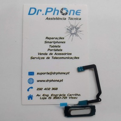 Componente eletrónico preto com fita azul sobre cartão de visita Dr.Phone com texto em português.