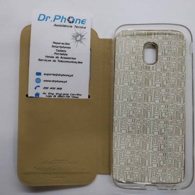 Capa de telemóvel bege claro aberta com cartão Dr.Phone