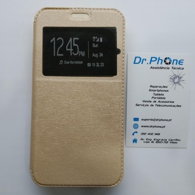 Capa bege de telemóvel com janela transparente e cartão Dr. Phone