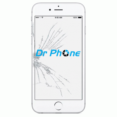 Smartphone branco com ecrã rachado e texto Dr Phone no ecrã