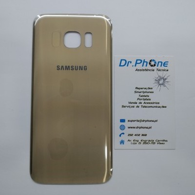 Tampa traseira dourada Samsung ao lado de cartão Dr.Phone