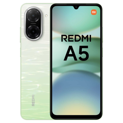 Smartphone Redmi A5 verde claro com duas câmaras traseiras e ecrã frontal a mostrar 'REDMI A5' com logótipo 'mi'.
