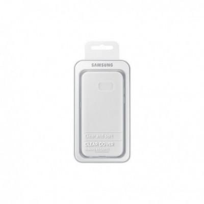 Capa transparente e macia da Samsung embalada numa caixa branca.