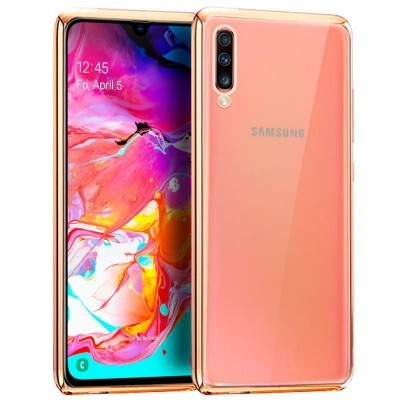 Smartphone Samsung rosa com ecrã colorido e três câmaras traseiras