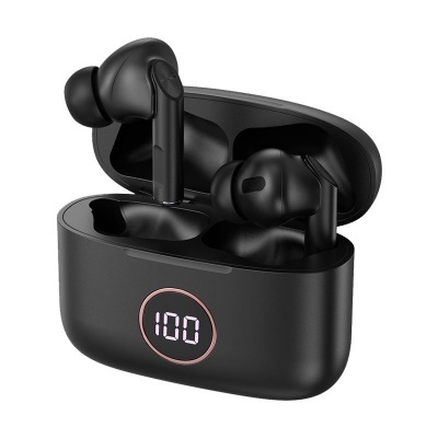 Auriculares intra-auriculares verdadeiramente sem fios pretos com caixa carregadora preta e visor digital 100
