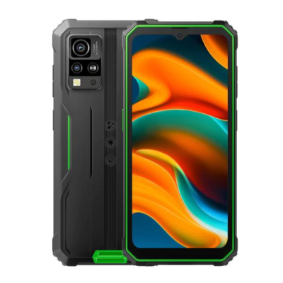 Smartphone robusto preto com detalhes verdes e ecrã colorido