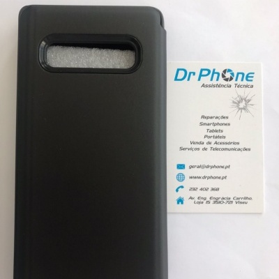 Capa protetora preta para smartphone ao lado de cartão de visita da DrPhone