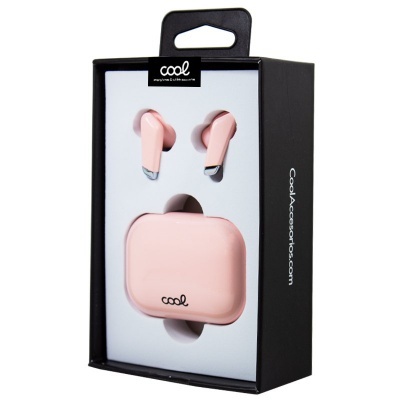 Auriculares sem fios cor-de-rosa com estojo em embalagem preta e branca