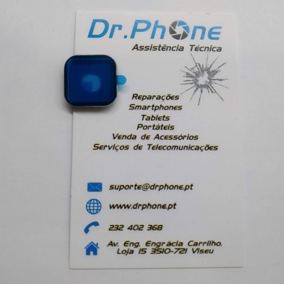 Cartão de visita Dr.Phone com informações de contacto e pequeno acessório azul