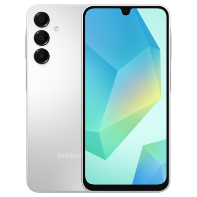 Smartphone Samsung prateado com três câmaras traseiras e ecrã tátil