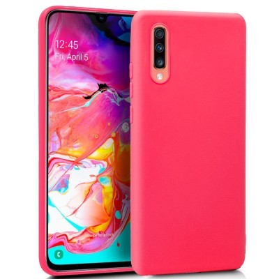Smartphone com capa rosa fosca e ecrã colorido ligado