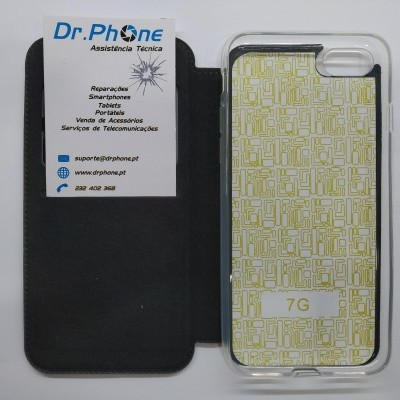 Estojo preto aberto com capa transparente para smartphone e cartão de visita da Dr.Phone