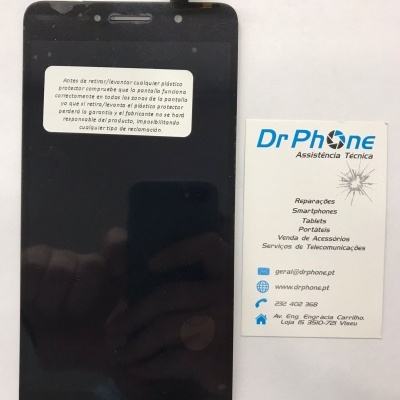 Ecrã preto de smartphone com aviso e cartão de visita Dr Phone