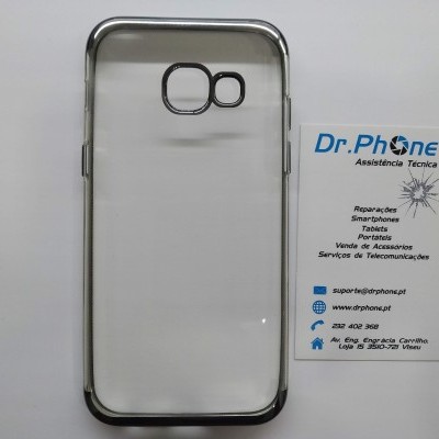 Capa de telemóvel transparente com bordas prateadas ao lado de cartão de visita DR.PHONE