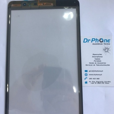 Ecrã táctil preto para telemóvel com fita flex dourada e cartão de assistência técnica Dr Phone