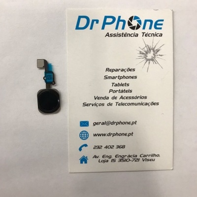 Componente de smartphone preto ao lado de cartão de visita da Dr Phone Assistência Técnica