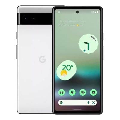 Smartphone Google Pixel com ecrã frontal ligado e traseira branca com faixa preta