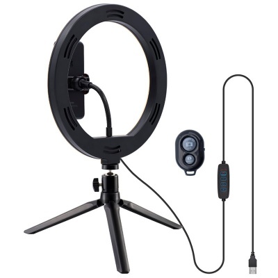Ring light preto com tripé, cabo USB e controlo remoto