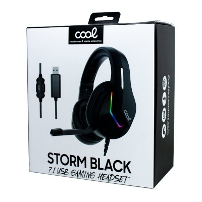 Caixa de headset gaming preto com luzes RGB e microfone, modelo STORM BLACK