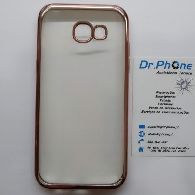 Capa de telemóvel transparente com moldura rosa dourado ao lado de cartão de visita de assistência técnica