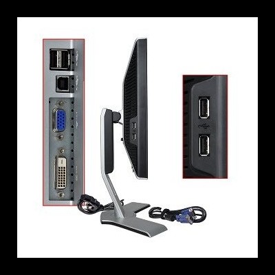 Monitor de computador preto com suporte cinza e várias conexões