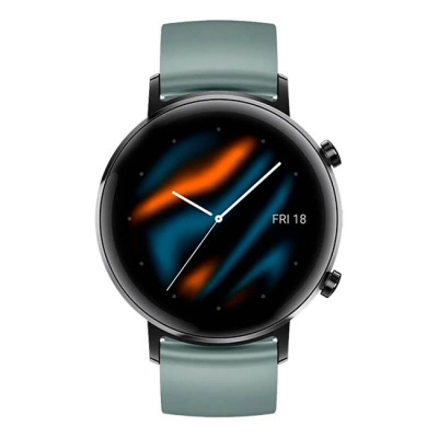 Relógio inteligente com bracelete azul esverdeado e mostrador com padrões laranja e azul