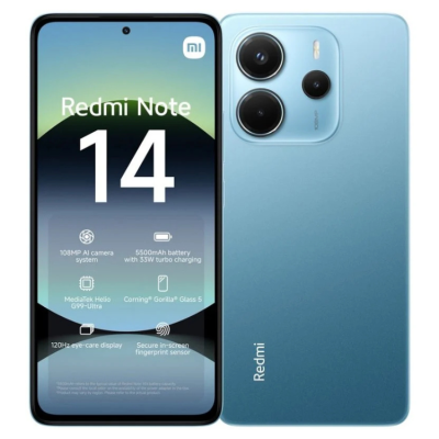 Smartphone Xiaomi Redmi Note 14 com ecrã e verso azul
