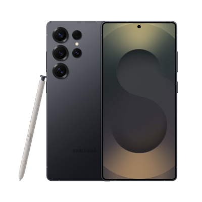 Smartphone Samsung preto com quatro câmeras traseiras e S-Pen branca ao lado