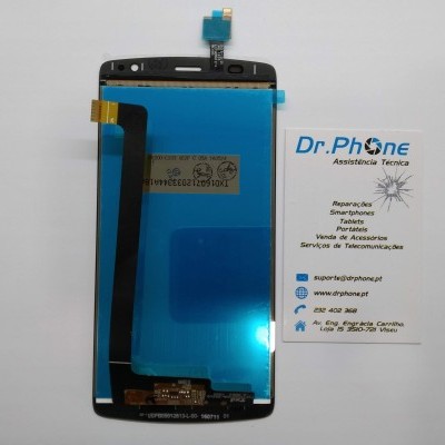 Ecrã de smartphone azul e preto com cartão de visita da Dr. Phone numa mesa branca