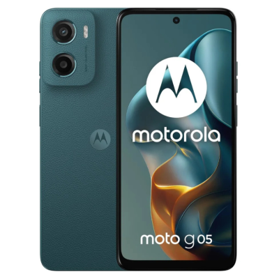 Smartphone Motorola Moto G05 azul com câmara dupla e ecrã com logótipo Motorola