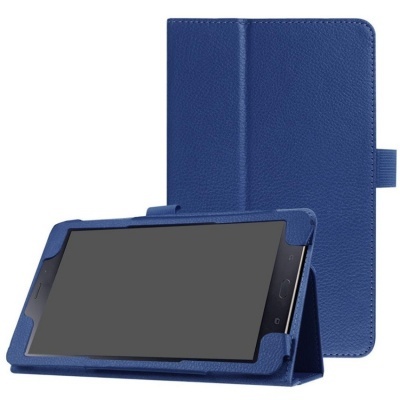 Capa de proteção azul para tablet com suporte e textura de couro