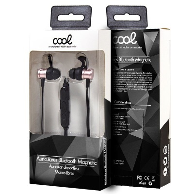 Auriculares Bluetooth magnéticos cor rosa com cabo preto em embalagem