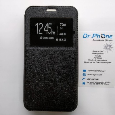 Capa preta para smartphone com visor e cartão de visita Dr Phone