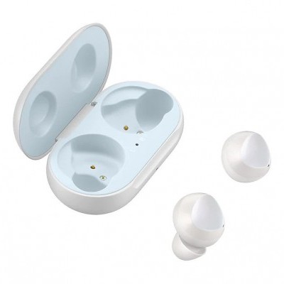 Auscultadores sem fios brancos com estojo de carregamento azul e branco