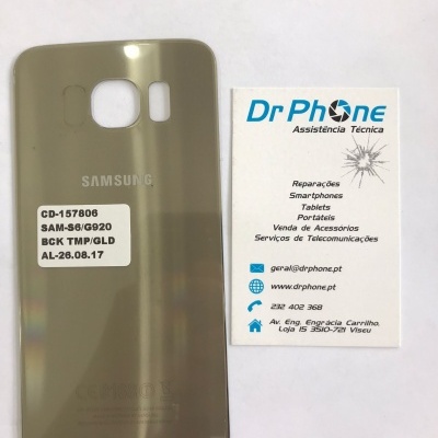 Tampa traseira dourada para Samsung ao lado de cartão de visita da Dr Phone