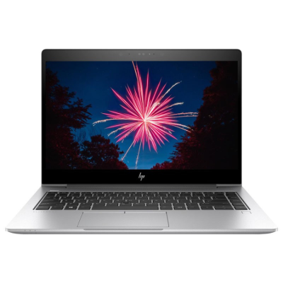 Portátil HP com ecrã a mostrar fogos de artifício coloridos e teclado preto