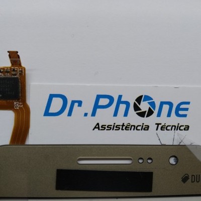 Ecrã frontal dourado para smartphone com sensor flex ligado e texto Dr.Phone Assistência Técnica