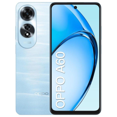 Smartphone OPPO A60 azul claro com câmara dupla e ecrã com texto OPPO A60