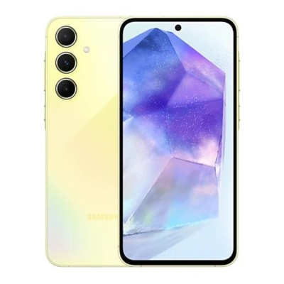Smartphone Samsung amarelo com três câmaras traseiras e ecrã frontal com câmara central
