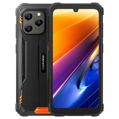 Smartphone Blackview robusto preto com detalhes laranja e ecrã colorido