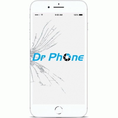 Telemóvel com ecrã branco partido e logo Dr Phone no centro