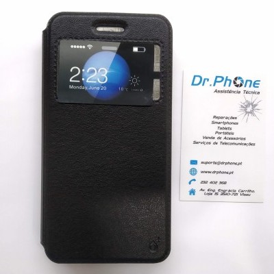 Capa preta para smartphone com visor transparente mostrando hora e cartão de visita branco da Dr.Phone